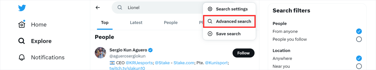 How to find someone on Twitter without their username. Advanced menu.