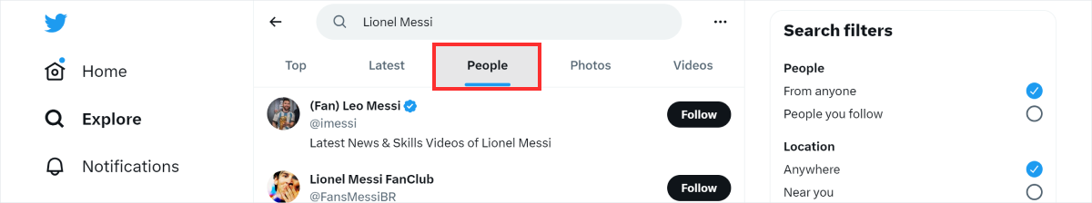 How to find someone on Twitter without their username. Select "People"